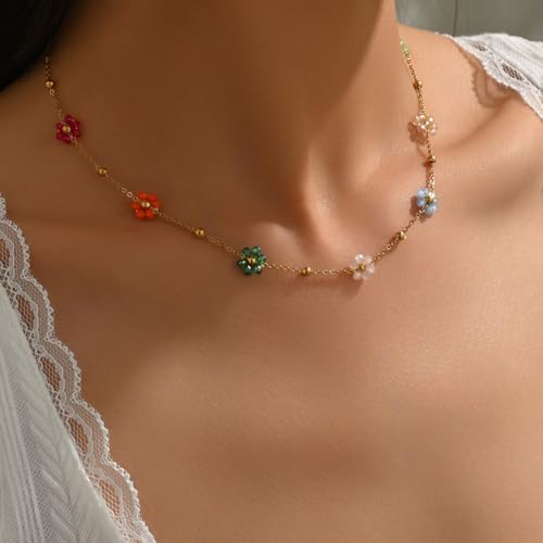VceTd Bohemian Beaded Necklace and Bracelet Set for Women, Colorful/Pink/Green/Rose Red Daisy Flower Pendant with 18K Gold...
