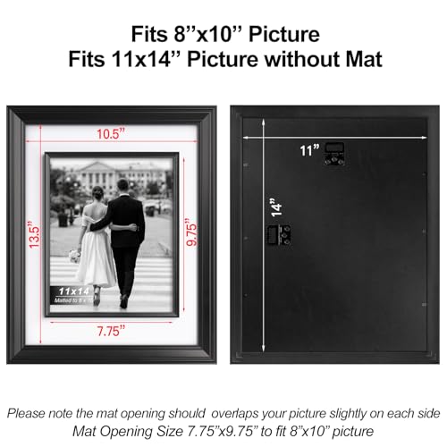 Yaetm 11x14 Black Picture Frame with Decorative Inner Frame & Tempered Glass, Display 8x10 Photos with Mat on Wall - Portr...