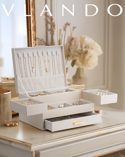 VLANDO 3 Layer Jewelry Box - Women Jewelry Box with Retractable Tray - Jewelry Organizers with Drawer for Necklaces, Ring...
