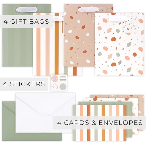 Beautiful Gift Bags Set of 4 - Medium Sized 9" Bags with Handles incl. Matching Tissue Paper, Cards & Small Stickers - Reu...