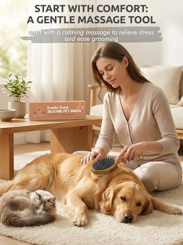 TAKAVU Short Hair Dog & Cat Deshedding Brush - Double Sided Grooming Tool with Silicone Massage & Bristle Sides - Removes ...