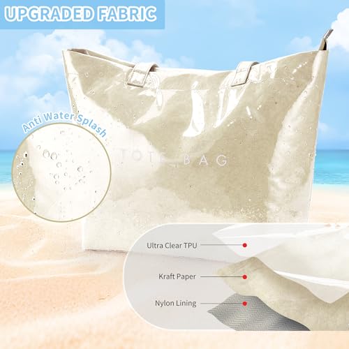 KALIDI PVC Zipper Tote Bag, Jelly Kraft Paper Beach Bag Large Hobo Carry All Travel Shopping Handbag Plastic Shoulder Bag