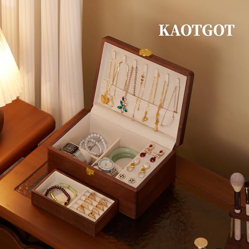 KAOTGOT Wooden Jewelry Box For Women Jewelry Organizer Box With Lock 2 Layer Jewelry Holder Organizer For Necklace Ring Ea...