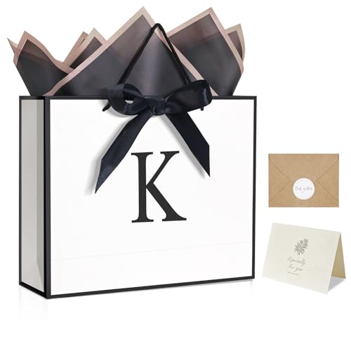 QLSKO Monogrammed Gift Wrap Bag Personalized Initial Paper Bag with Card Matching Envelope Sticker,Bow Ribbon and Wrapping...