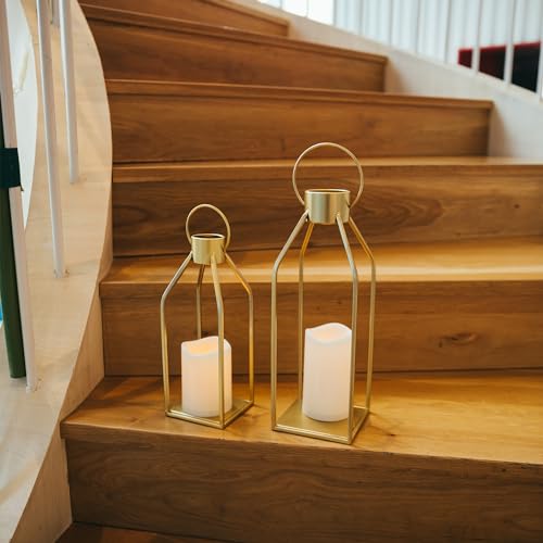 HPC Decor Modern Farmhouse Lantern Decor- Gold Metal Candle Lanterns for Christmas- Lanterns Decorative w/Timer Flickering...