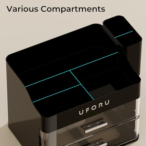 UFORU Makeup Organizer for Vanity with Brush Holder, Countertop Skincare Organizer with 2 Drawers, Spacious Cosmetic Displ...