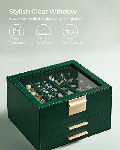 SONGMICS GISELLA Collection - Jewelry Box Organizer, 3-Layer Jewelry Storage with 2 Drawers, Shiny Metal Hardware, Glass L...