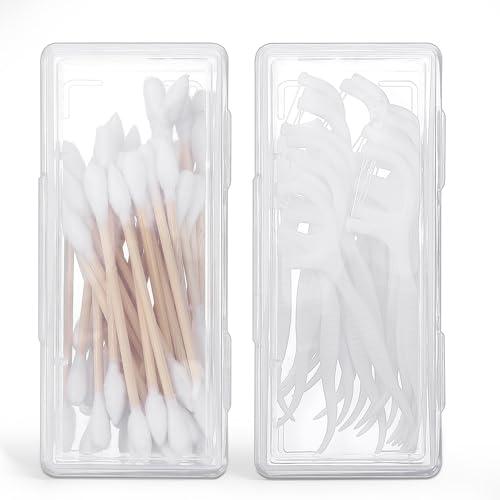 Portable Travel Cotton Swab Holder, 2 Pcs Clear Plastic Cotton Pad Storage Container, Small Dental Floss Picks Case with D...