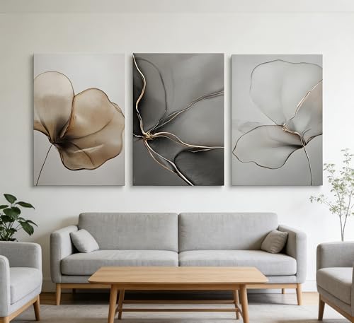 Abstract Floral Canvas Wall Art - Minimalist Gold Line Petal Picture Wall Decor - Modern Neutral Botanical Print Artwork f...