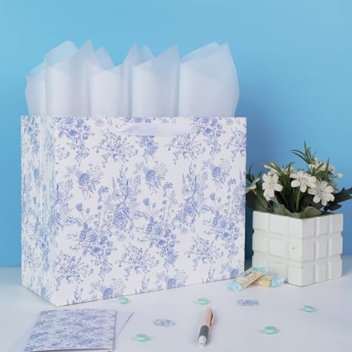 13'' Large Blue Floral Gift Bag Set with Handles, Greeting Card, White Tissue Papers and Stickers for Women Girls for Birt...