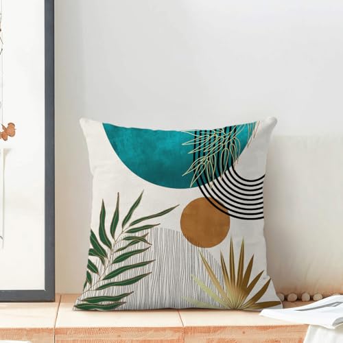Boho Pillow Covers 20x20 Inch 2 Pcs,Aqua Teal Green Gold Tropical Leaf Summer Outdoor Decorative Throw Pillows,Mid Century...