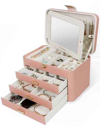 KAMIER Jewelry Organizer Box for Women - 4 Layer Drawer Jewellery Storage with Lock and Mirror - Jewelry Case for Necklace...