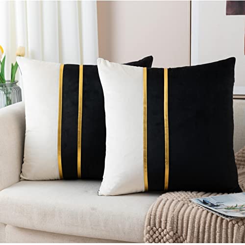 ZLINA Set of 2 Velvet Decorative Throw Pillow Covers Black White Patchwork with Gold Leather Pillow Covers 18 × 18 Inch Cu...