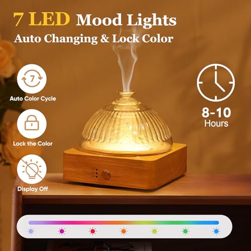 Lecdura Glass Essential Oil Diffuser with Glass Reservoir & WoodBase, 200ml Ultrasonic Lock Color Timer Auto-Off 7 Color L...