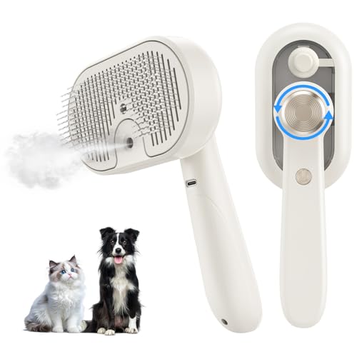 Pet Steam Brush for Dog & Cat, 3-in-1 Self Cleaning Cat Brush for Long & Short Haired Animals Low Noise, Anti-Static & Ant...