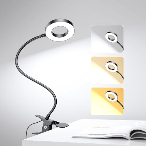 GARMESE LED Desk Lamp Clip on Light with 3 Color Modes 10 Brightness Ring/Clamp Light 360° Adjustable Neck Dimmable Eye Pr...
