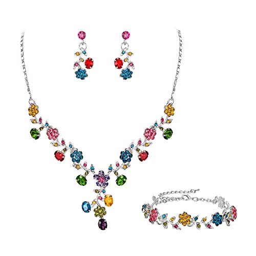 EVER FAITH Bridal Jewelry Sets for Wedding Rhinestone Crystal Flower Leaf Costume Pendant Necklace Earrings Set for Women