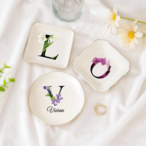 KeenlyMade Custom Ceramic Ring Dish, Personalized Jewelry Tray with Initial, Earrings Necklaces Bracelet Watch Keys Trinke...