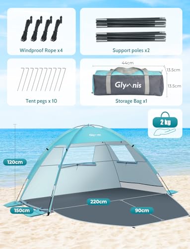 Glymnis Beach Tent Sun Shelter for 3 Person with UPF 50+ UV Protection, Lightweight & Easy Setup Beach Shade Canopy with V...