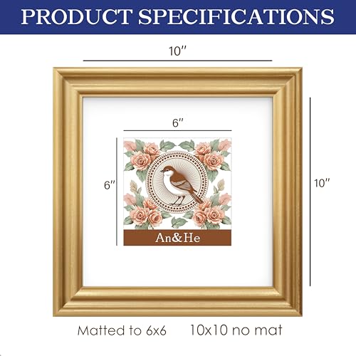 An&He 10x10 Photo Frame, Wood Grain Square Decorative Frame with PS Panel - Gold