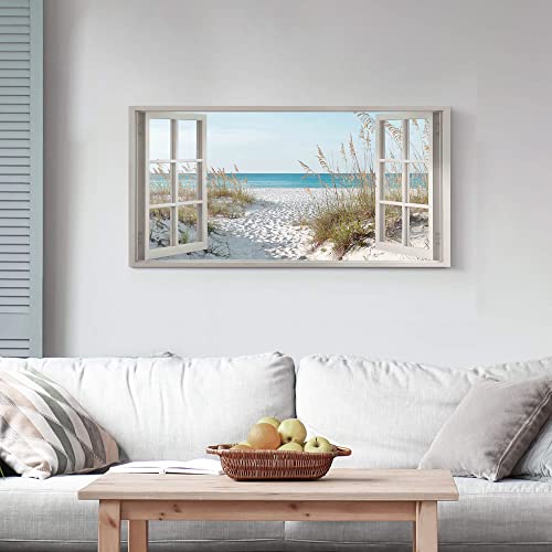 Window Beach Wall Art Prints: Modern Large Tropical Coastal Landscape Canvas Bedroom Blue Ocean Picture Relaxing Living Ro...