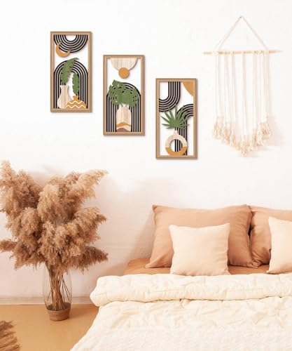 Putuo Decor Boho Abstract Wall Art Set of 3, Modern Minimalist Wooden Wall Decor, Geometric Aesthetic Botanical Artwork, M...