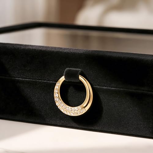 bussdis Glass Lid Jewelry Organizer Box – Black Velvet Jewelry Case with Ring Slots, Necklace Hooks & Removable Compartmen...