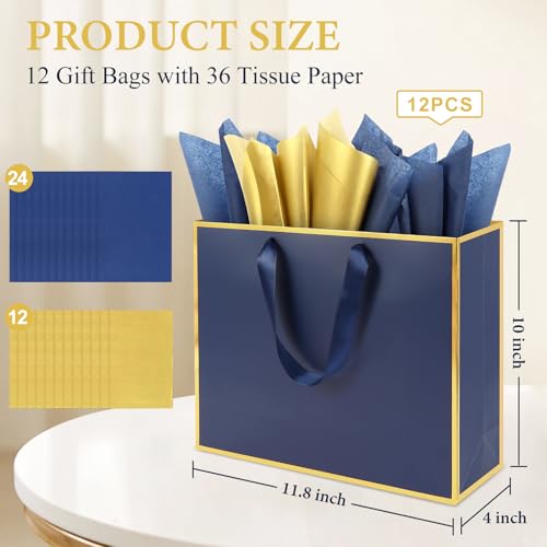 Addblu 12 Pack Large Gift Bags with Handles - Includes 36 Tissue Papers, 11.8x10x4 Inches for Thank You, Wedding, Bridesma...