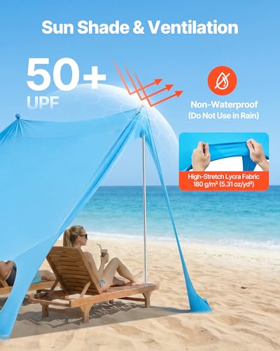VEVOR Beach Tent Sun Shelter, UPF50+ Sun Protection, 6.6 ft Tall, 7.5x7.5 ft, Easy Pop Up Beach Canopy with Sandbags, Stab...