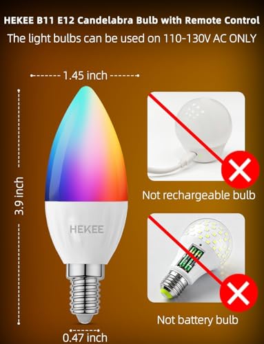 HEKEE E12 LED Candelabra Light Bulbs, Color Changing Candle, C37 B11 40W Incandescent Equivalent, 450 Lumen, RGB + 2700K W...