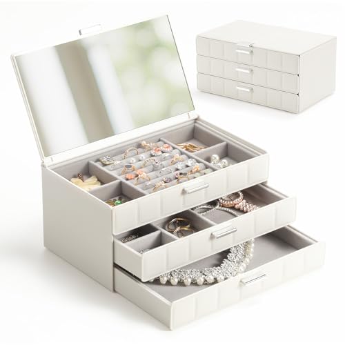 LAMU Jewelry Box Organizer with Mirror, 3-Layer Jewelry organizer with 2 Drawers, Large PU Leather Organizer for Earrings ...