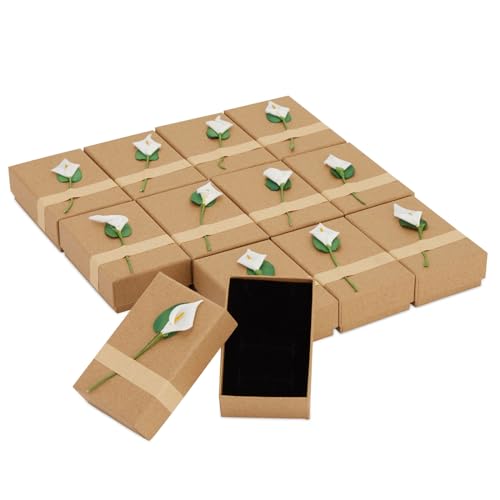 Juvale Jewelry Boxes - 12 Pack, 3.5 x 2.2 x 1.2 In, Brown Cardboard - Mini Case With 3D Lily Flower Top & Removable Velvet...