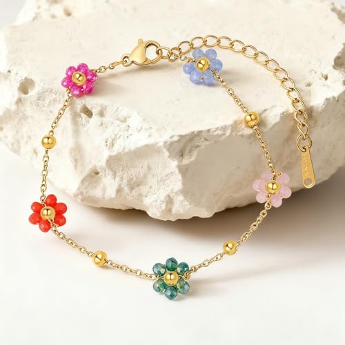 VceTd Bohemian Beaded Necklace and Bracelet Set for Women, Colorful/Pink/Green/Rose Red Daisy Flower Pendant with 18K Gold...