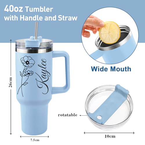 Elemtansy Personalized 40 Oz Tumbler with Handle and Straw, Custom Cup with Name & Birth Flower, Stainless Steel Travel Co...