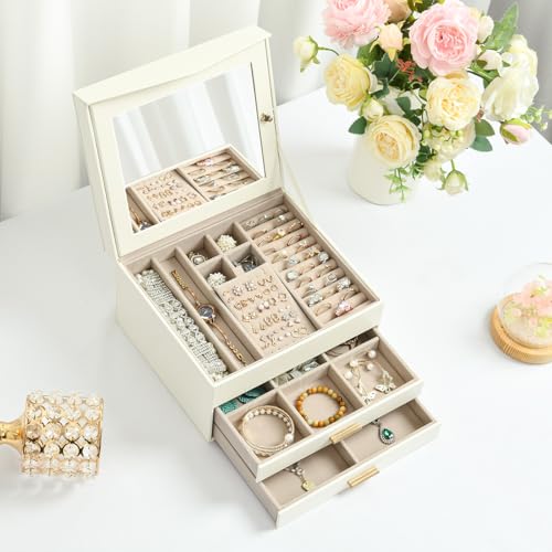 Amearea Jewelry Box Organizer for Women Girls with Mirror, 3-Layer Large Jewelry Storage Case, Synthetic Leather Jewelry H...