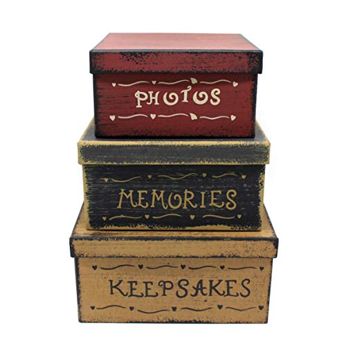 CVHOMEDECO. Primitive Vintage Square Photos, Memories, Keepsakes Cardboard Nesting Boxes, Large 9 X 9 X 4-1/2 Inch. Set of 3.