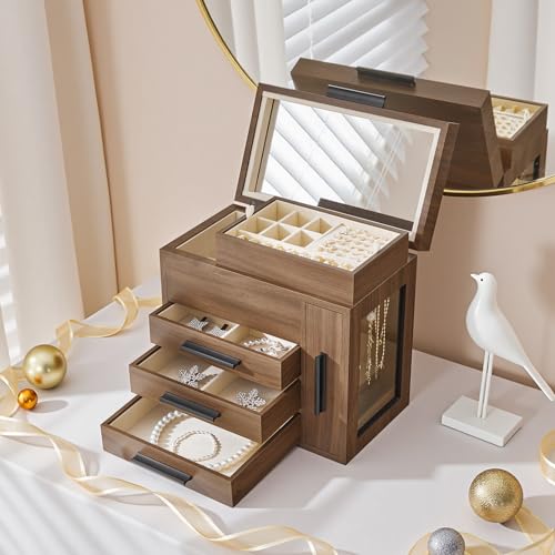 HOOBRO Jewelry Box with Mirror, Wooden Jewelry Organizer Box with Side Clear Acrylic Panel, Large Jewelry Case for Earring...