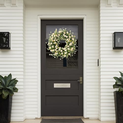 Sggvecsy White Daisy Wreath 24 Inch with Fake Silk Floral Green Eucalyptus Leaves and Lavender for Spring Summer Front Doo...