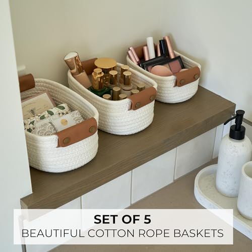 Beautiful Storage Basket Set of 5 - Sturdy Cotton Rope Baskets for Shelves Are Perfect for Organizing Your Home - Quality ...