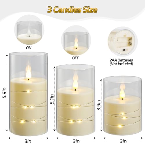 Da by 3 Pack Ivory Transparent Acrylic Flameless Taper Candles, Flickering Black Wick LED Candles with Fairy String Light...