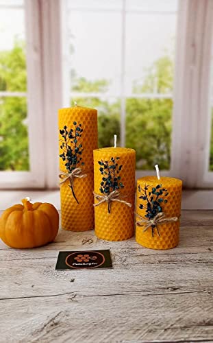 Beeswax Candle Gift Set – 4 Natural Candles with Blue Dried Flowers & Pumpkin Box – Handmade Decorative Candles for Holida...