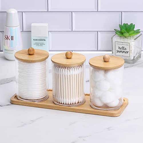 Tbestmax 10 Oz Cotton Swab/Ball/Pad Holder, Qtip Apothecary Jar, Clear Bathroom Containers Dispenser for Storage 3 Pack Wo...