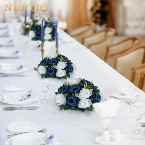 NUPTIO Artificial Flower Centrepieces for Tables - 10 Pcs Navy Blue & White Fake Flowers Roses Balls 9.5in Diameter - Silk...