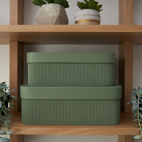 Decorative Storage Boxes with Lids – Set of 2 Beautiful Fluted Cardboard Organizer Bins for Your Home Bookshelf Decor to S...