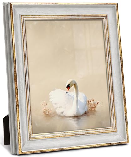 Afuly 8x10 Picture Frame Vintage Picture Frames Antique Retro White Gold Edge Photo Frame Gallery Wall Hanging Tabletop Di...