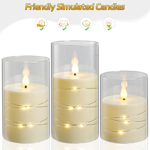 Da by 3 Pack Ivory Transparent Acrylic Flameless Taper Candles, Flickering Black Wick LED Candles with Fairy String Light...