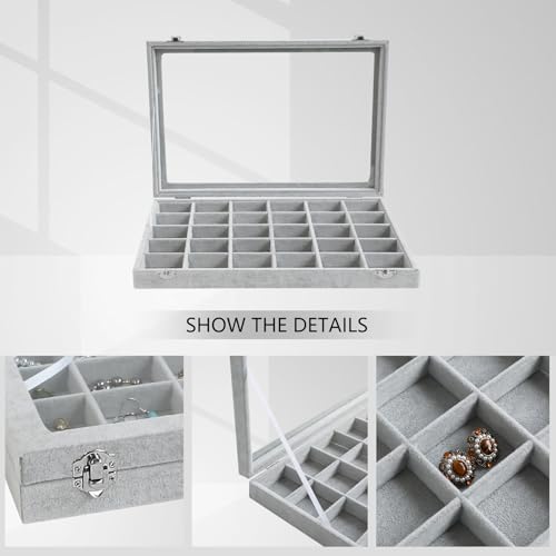 Wudygirl 30 Grid Jewelry Organizer Velvet Jewelry Box Jewelry Tray with Clear Lid Storage Case Showcase Display Stackable ...