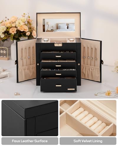 Homde Synthetic Leather Huge Jewelry Box Mirrored Watch Organizer Necklace Ring Earring Storage Lockable Gift Case (Black...