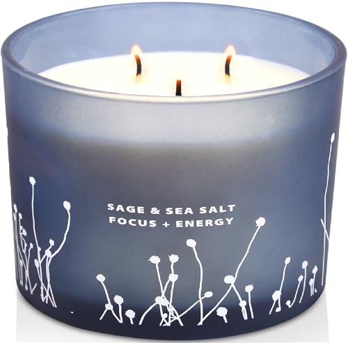 White Sage Sea Salt 3 Wick Candle - Large Soy Scented Candle 14.5 oz - Sage Candle for Cleansing House - Aromatherapy Ener...