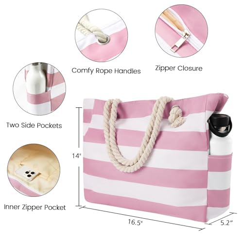 fauson Beach Bags for Women - Large Beach Tote Bag Waterproof Sandproof with Zipper, Swiming Pool Bag